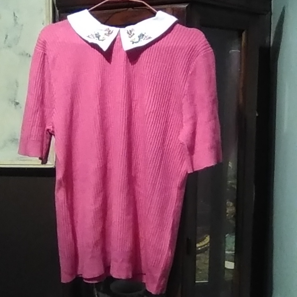 Cable &gauge embroided collar short sleeve dress sweater